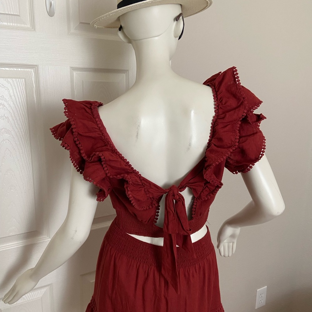 Express Rust Burgundy Linen Ruffle Top and Skirt Set Size Medium - Picture 5 of 11